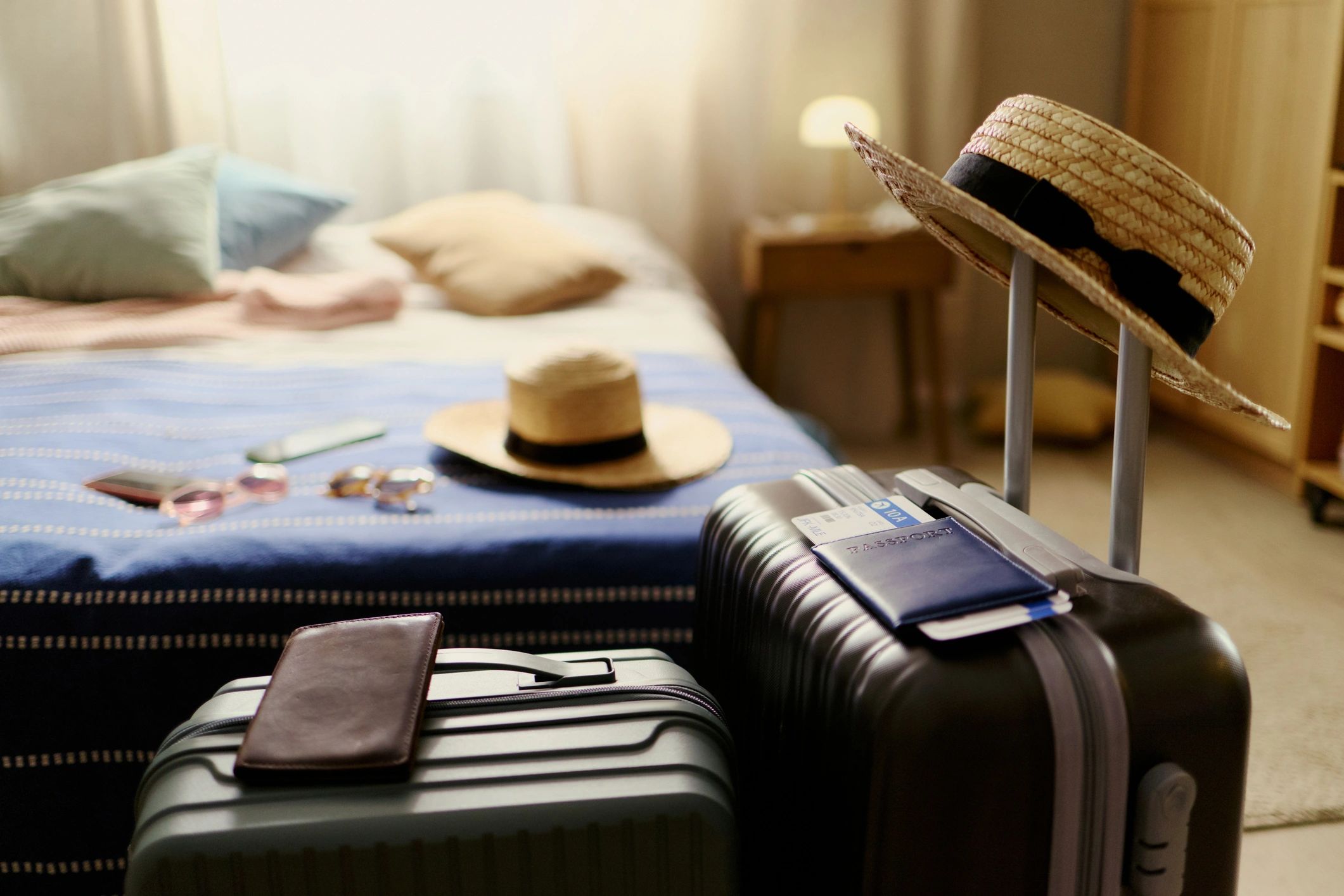 Packed luggage and travel items representing protected wine transport